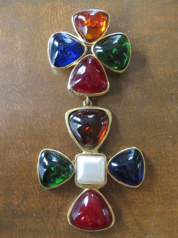 Chanel large gripoix cross pin with pendant cross drop