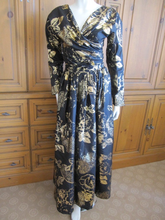 Lanvin black and gold silk 1970s' ensemble with sexy wrap top