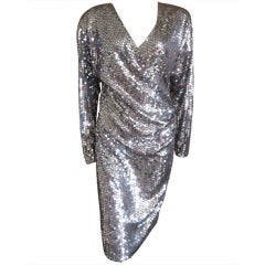 Oleg Cassini 70's disco era sexy low cut silver sequin dress