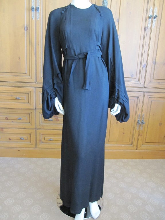 Women's Ossie Clark romantic black crepe dress with poet sleeves