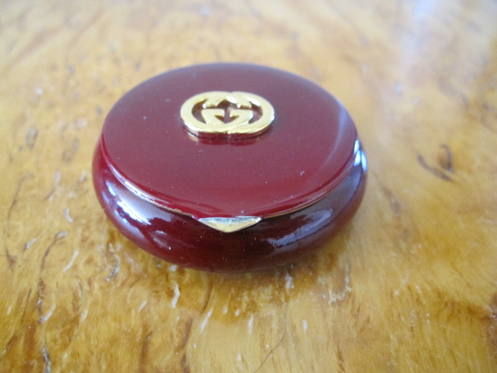 Gucci vintage red enamel pill box in original suede GG pouch at 1stDibs