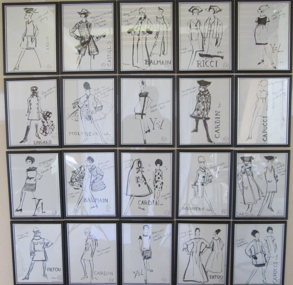 Joe Eula 1960's collection of 23 drawings for The Wool Bureau.
The Wool Bureau was an international orginazation that promoted the use of fine wool in Fashion.
Every season they produced an illustrated catalogue of the top collections. These were
