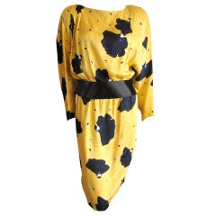 James Galanos yellow silk floral dress w patent leather  belt