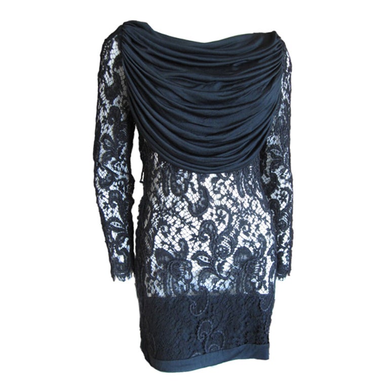 Gres sexy sheer black lace draped cocktail dress