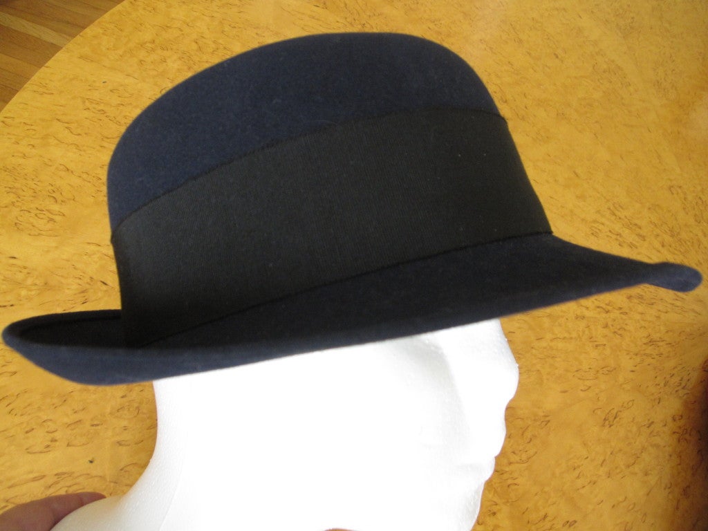 Chanel navy blue fedora with wide Grossgrain band CC buttons 1