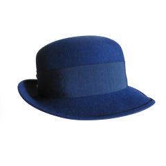Chanel navy blue fedora with wide Grossgrain band CC buttons