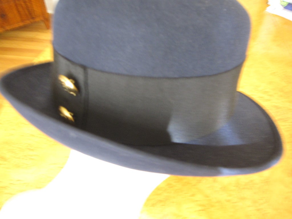 Chanel navy blue fedora with wide Grossgrain band CC buttons 2