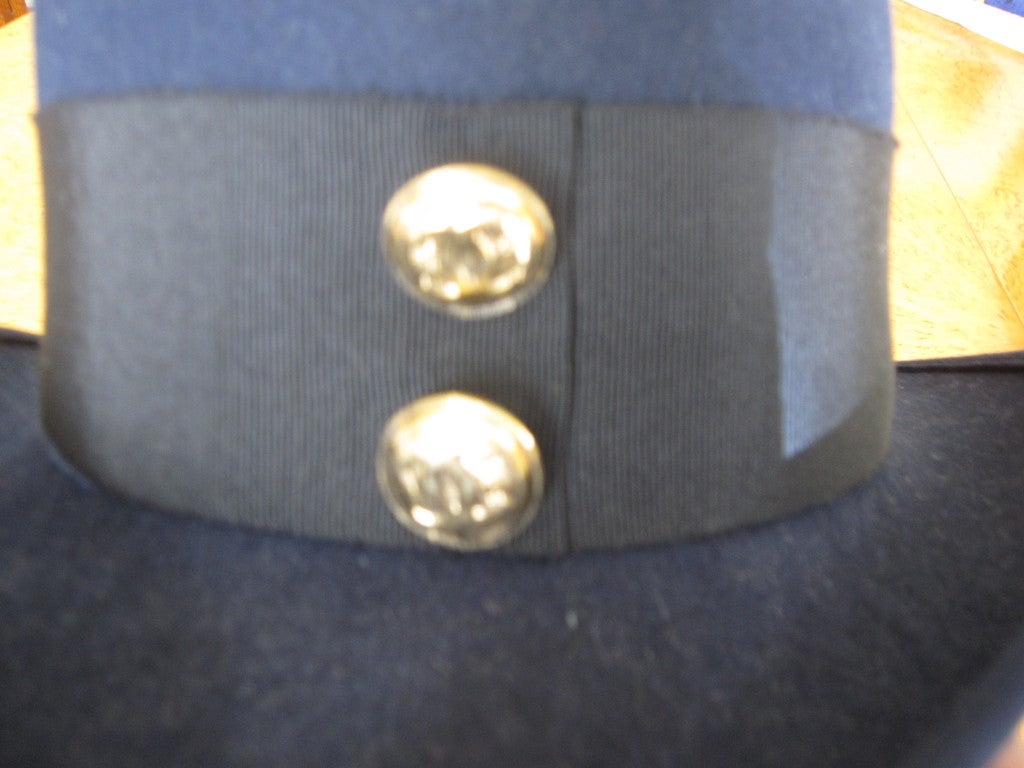 Chanel navy blue fedora with wide Grossgrain band CC buttons 3