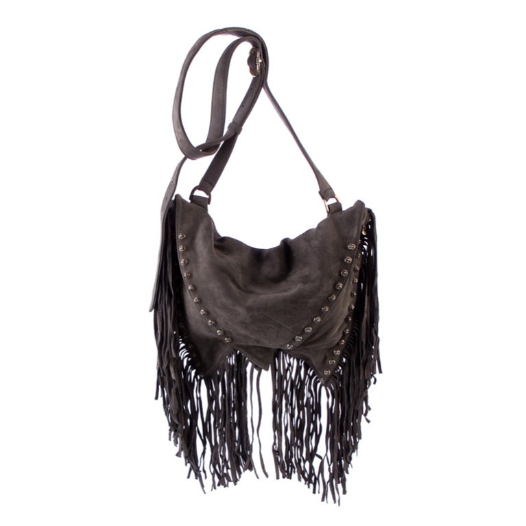 Chrome Hearts boho chic gray suede fringe flap bag