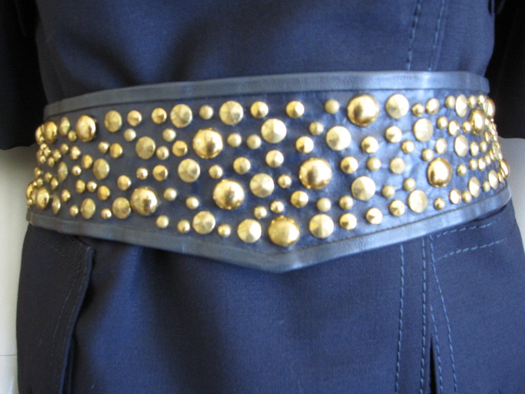 Galanos wide navy blue leather studded belt

 will fit from 30