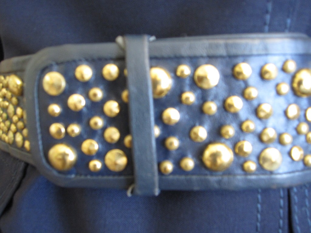 Women's Galanos wide navy blue leather studded belt