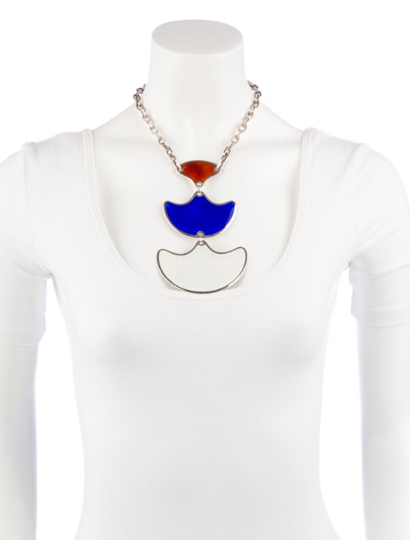 A rare Gucci sterling silver bib necklace from the mod 1960s era in stunning rich royal blue, emerald green and rose guilloche enamel...the iconic colors of Gucci. In excellent condition. The silver link chain portion of the necklace measures 14.5