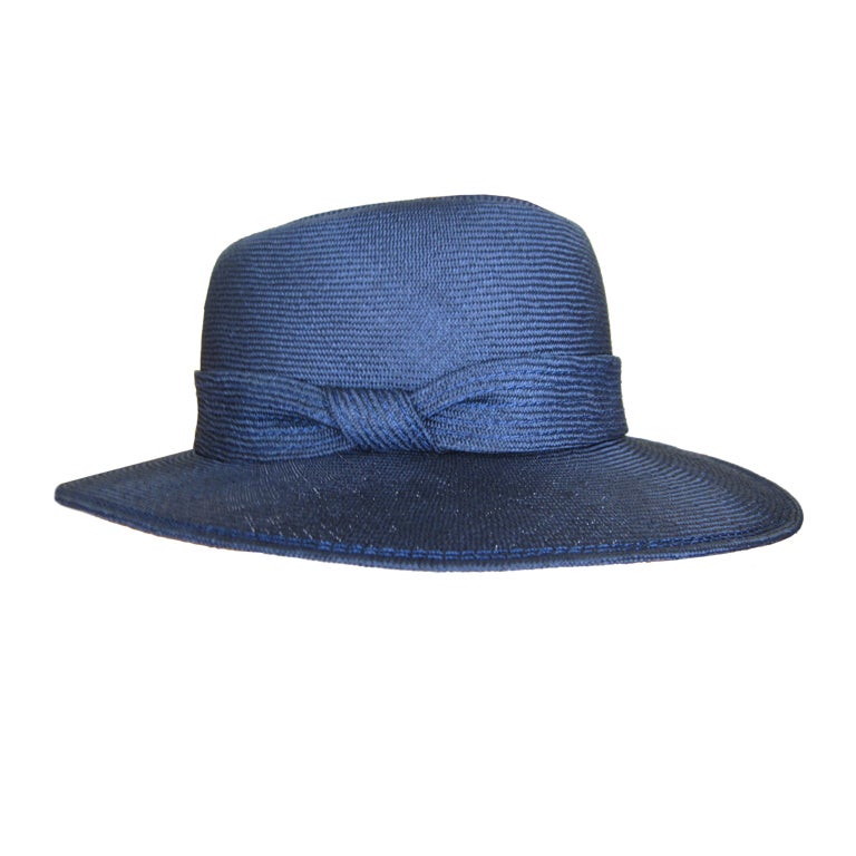 James Galanos navy blue straw wide brim hat
