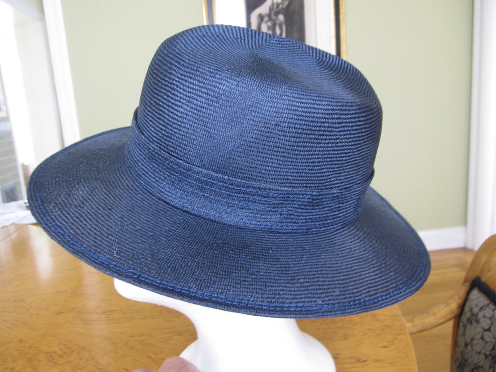 James Galanos navy blue straw wide brim hat 1