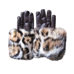 Hermes men's cashmere lined leather gloves w leopard print fur