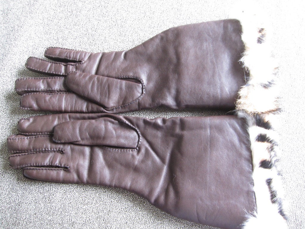 Hermes men's cashmere lined leather gloves w leopard print fur 1