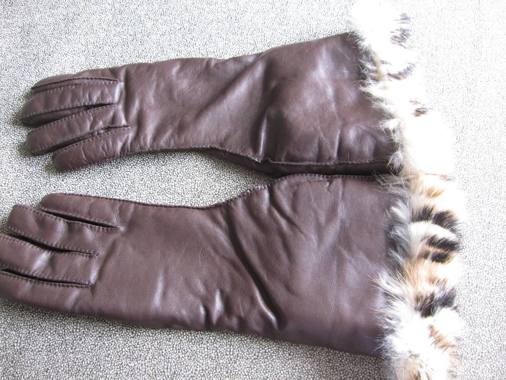 Hermes men's cashmere lined leather gloves w leopard print fur 2