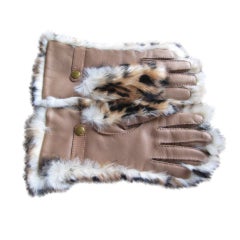 Hermes men's cashmere lined leather gloves w leopard print fur