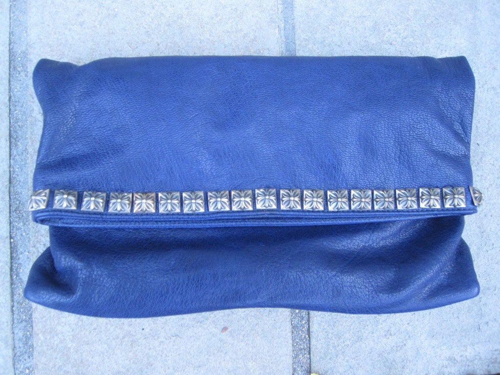Women's Chrome Hearts blue leather clutch with Sterling silver crosses