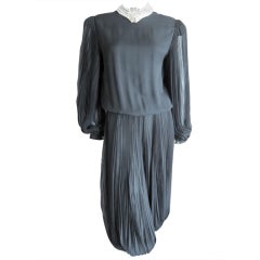 James Galanos black silk chiffon knife pleated jumpsuit