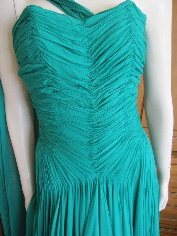 Jean Desses emerald green pleated silk chiffon dress 1