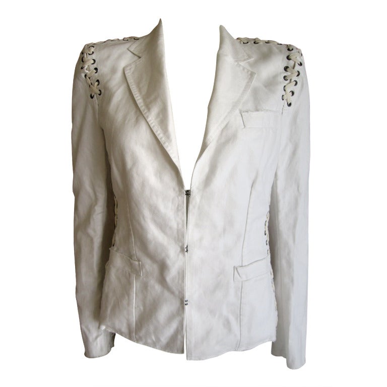 Tom Ford  Yves Saint Laurent Spring 2002 Mombassa Collection 
white cotton  lace up denim jacket
This is unlined, so it's a perfect summer jacket
Size is appx sz S-M
no size tag
Bust 40