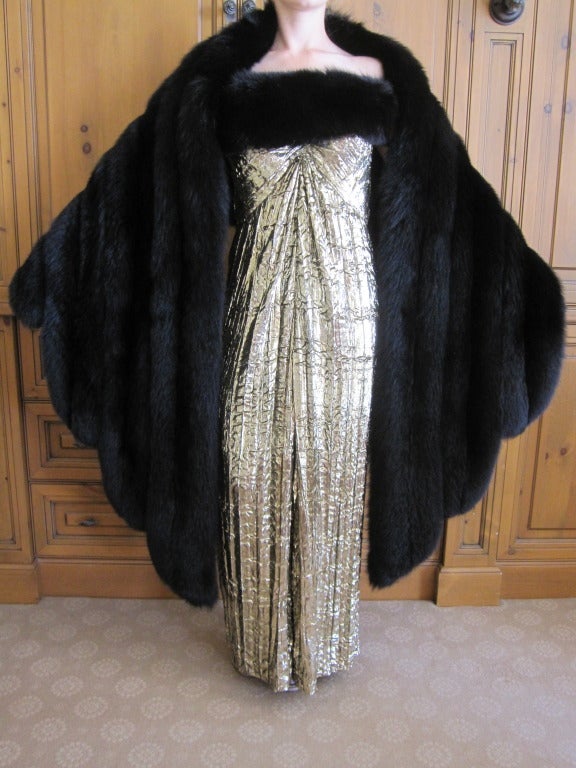 Women's Bob Mackie fox trimmed gold panne velvet dress w matching wrap