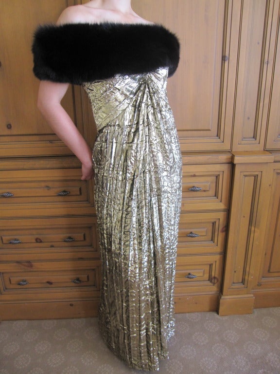 Bob Mackie fox trimmed gold panne velvet dress w matching wrap 1