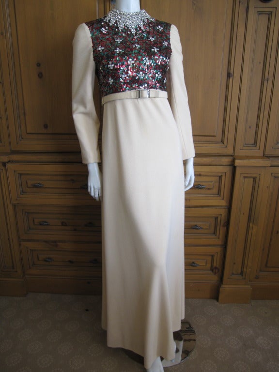 Women's James Galanos 1960's jeweled ivory belted dress