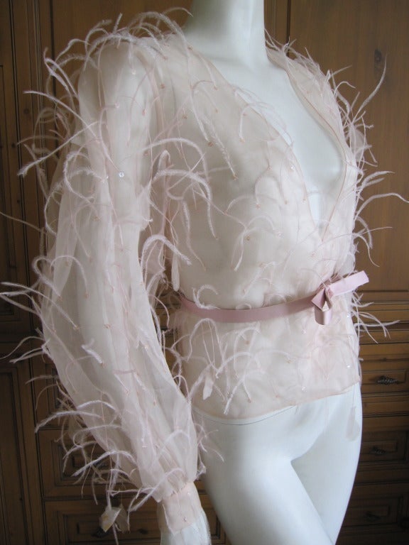 Women's Oscar de la Renta dreamy sheer silk ostrich feather belted jacket
