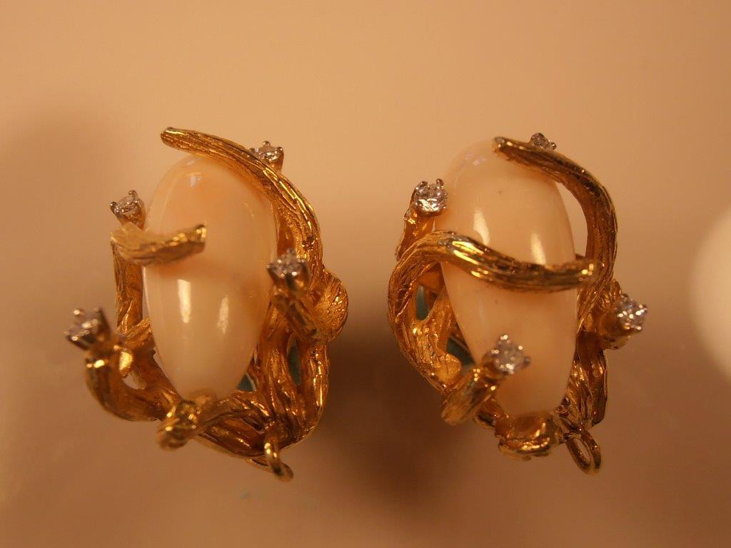 1960's modernist 14 karat yellow gold angel skin coral and diamond earrings