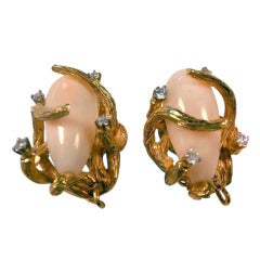 1960
s modernist 14 karat yellow gold angel skin coral and diamond earrings