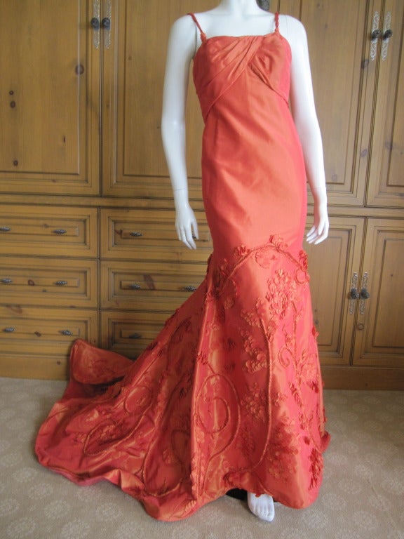 Pamela Roland orange silk dress with embellished train In Excellent Condition In Cloverdale, CA