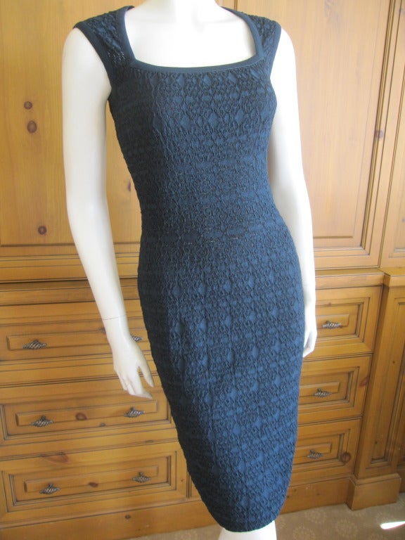 Azzedine Alaia deep teal blue dress and matching jacket.
Sexy cling dress with a beutiful pattern cut in to the fabric, almost like a lace.
Matching jacket with single button at neck
Brand   New with tags