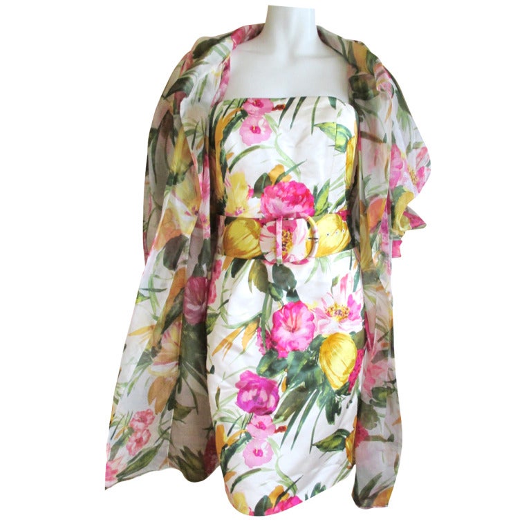 Oscar de la Renta strapless floral dress with sheer silk coat