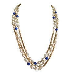 Chanel 76" Pearl and blue bead gold chain necklace 1984