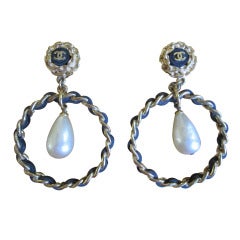 Vintage Chanel Huge runway scale leather laced gold hoop pearl drop earrings