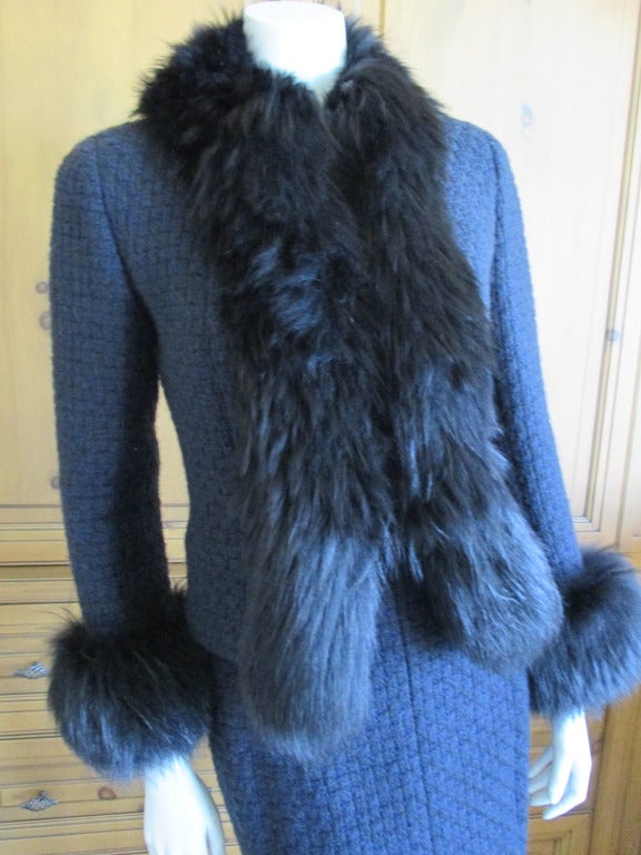 Women's Chanel fox trimmed three piece navy boucle suit A'2000