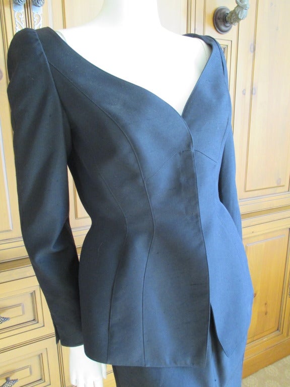 Thierry Mugler Black Silk Suit with Portrait Neckline
