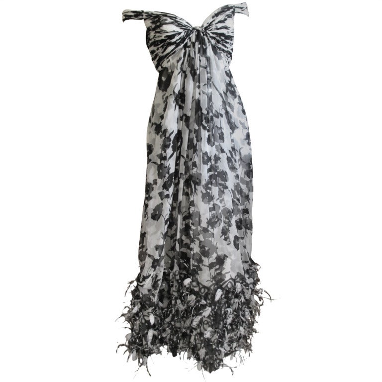 Oscar de la Renta Silk Chiffon Dress with feather trim