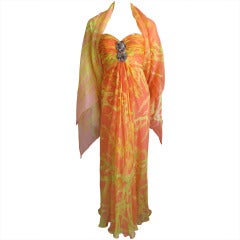 Oscar de la Renta silk chiffon dress w Cowrie Shell detail-Huge Cashmere Throw