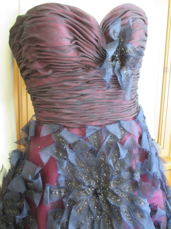 Oscar de la Renta Navy Dress w Jewel Flower Applique 2