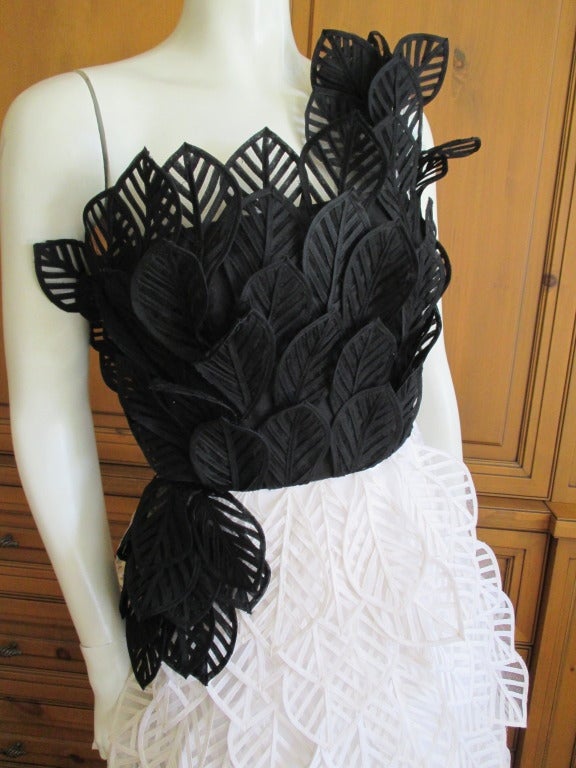 Oscar del la Renta One Shoulder Black and White Leaf Pattern Dress 1