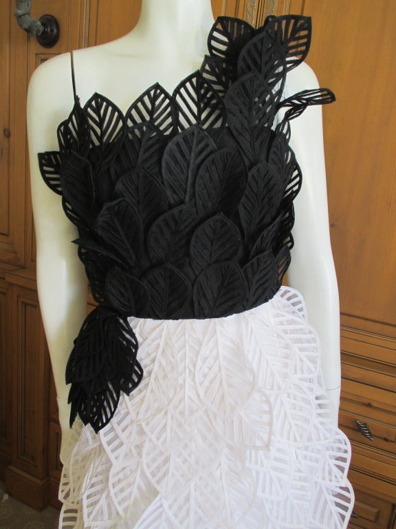 Oscar del la Renta One Shoulder Black and White Leaf Pattern Dress 3
