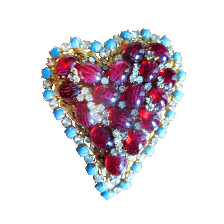 Arnold Scaasi Bold Heart Pin with Ruby Cabachon and Turquoise