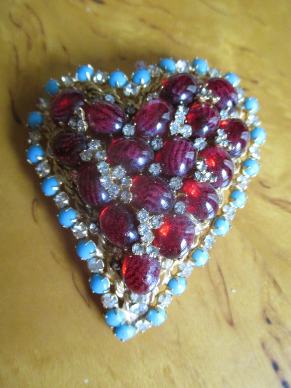 Arnold Scaasi Bold Heart Pin with Ruby Cabachon and Turquoise In Excellent Condition In Cloverdale, CA