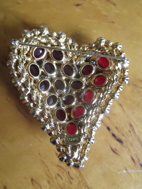 Women's or Men's Arnold Scaasi Bold Heart Pin with Ruby Cabachon and Turquoise