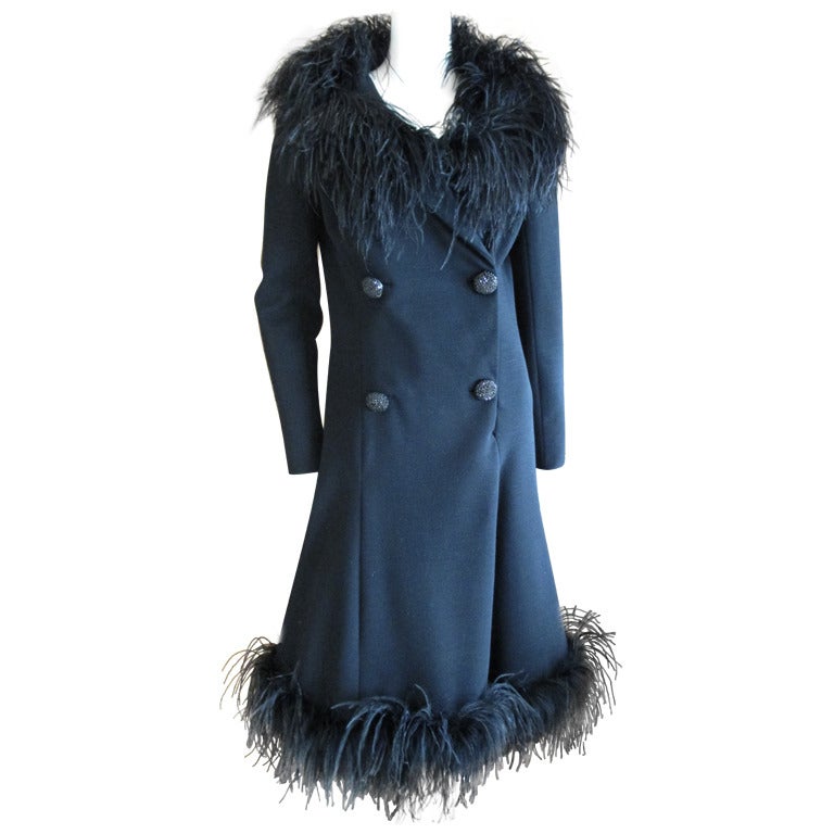 Travilla Black Wool Coat Dress with Maribou Trim & Jet Buttons
