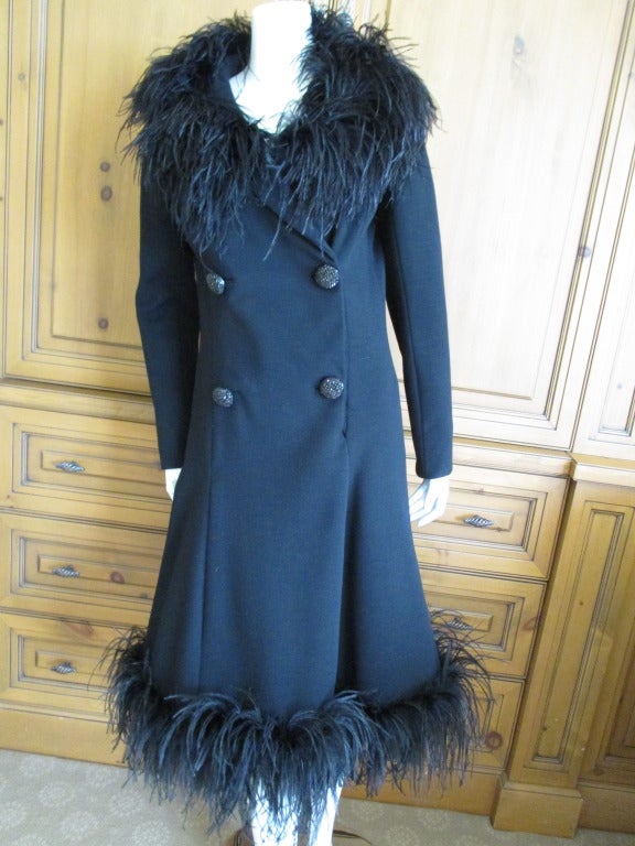Travilla Black Wool Coat Dress with Maribou Trim & Jet Buttons In Excellent Condition In Cloverdale, CA