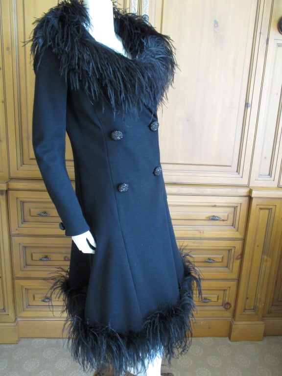Women's Travilla Black Wool Coat Dress with Maribou Trim & Jet Buttons